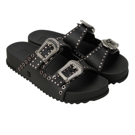 款式代號：19069．HOLD TAM．黑色中底3公分鏤空鉚釘雙扣設計